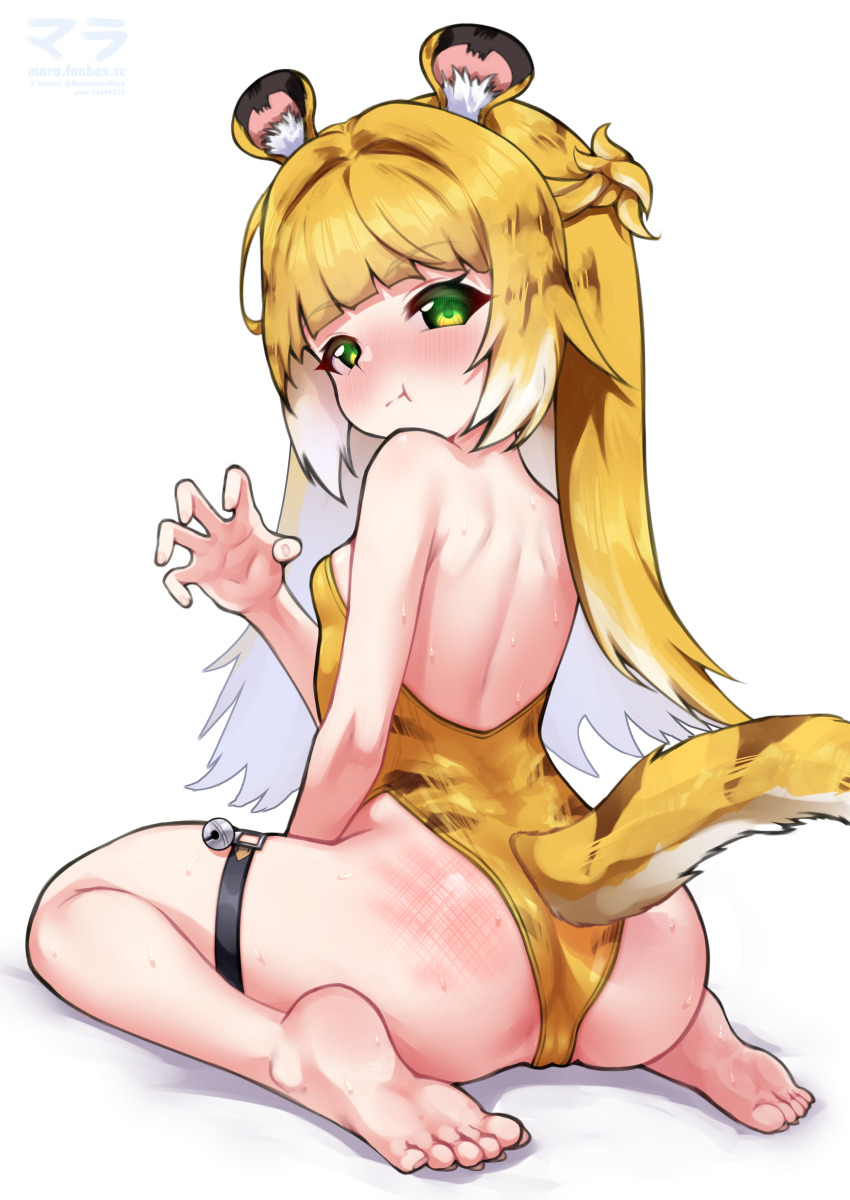 1girl :t absurdres animal_ear_fluff animal_ears ass back backless_leotard barefoot bell blonde_hair cameltoe claw_pose closed_mouth colored_inner_hair commentary feet from_behind full_body green_eyes highleg highleg_leotard highres jingle_bell ju_fufu leotard loli long_hair looking_at_viewer looking_back matsumaramara multicolored_hair pout simple_background sitting slap_mark soles solo spanked strapless strapless_leotard tail thigh_strap tiger_ears tiger_girl tiger_tail toes wariza white_background white_hair yellow_leotard zenless_zone_zero