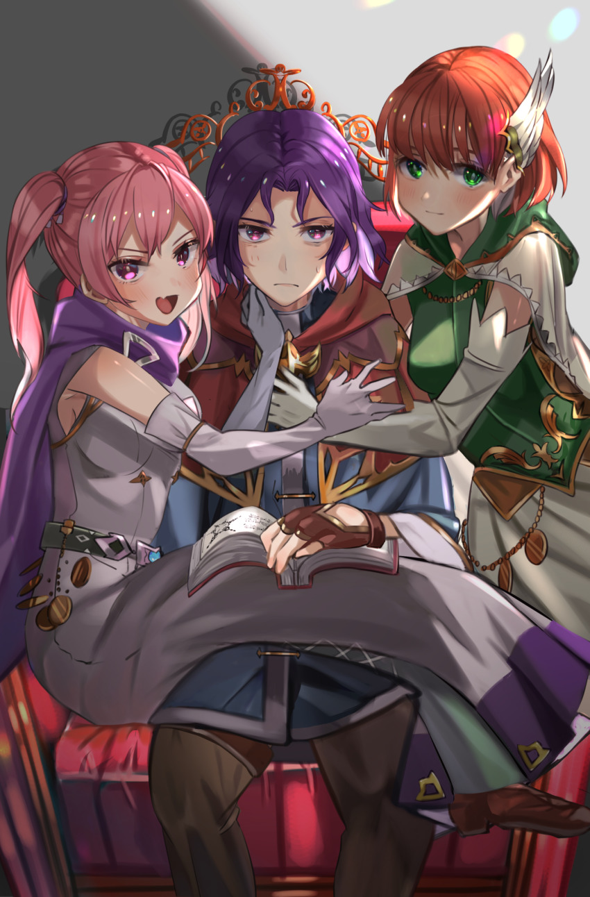 1boy 2girls bags_under_eyes bare_shoulders chil0107 dress elbow_gloves erk_(fire_emblem) fang fingerless_gloves fire_emblem fire_emblem:_the_blazing_blade gloves green_eyes hair_ornament highres long_dress long_hair multiple_girls nintendo pink_eyes pink_hair priscilla_(fire_emblem) purple_eyes purple_hair red_hair serra_(fire_emblem) short_hair sitting sitting_on_person twintails white_dress white_gloves wing_hair_ornament