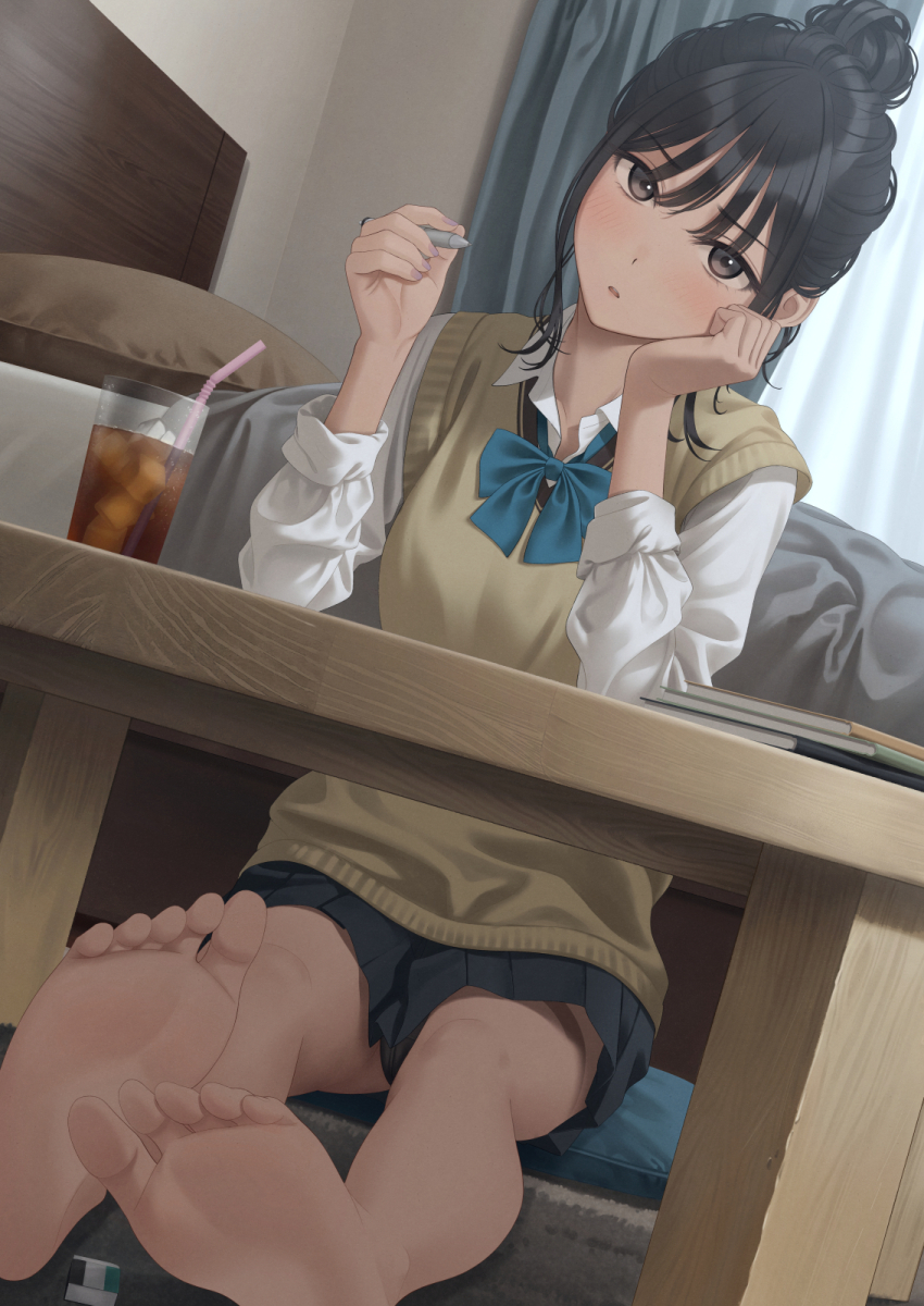 1girl barefoot bed bedroom black_hair blue_bow blue_bowtie bow bowtie collared_shirt commentary_request cup curtains cushion drinking_glass drinking_straw feet highres holding holding_pen iced_tea indoors looking_at_viewer no_legwear original pen pillow school_uniform shirt sleeves_rolled_up soles solo sweater_vest table toes white_shirt wooden_table yellow_sweater_vest yukishima_momo zabuton