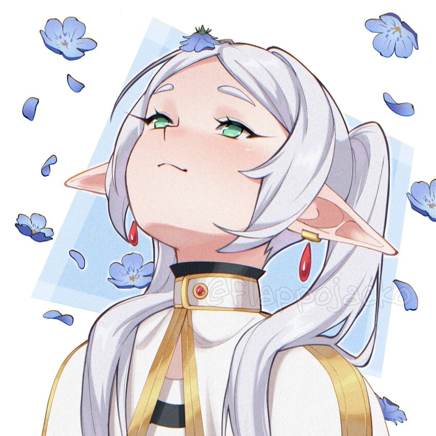 1girl blush capelet closed_mouth earrings elf floating_earrings flower frieren green_eyes grey_hair hair_over_shoulder head_back highres jewelry long_hair long_pointy_ears looking_up mandytsune meme parted_bangs petals pointy_ears shirt smile solo sousou_no_frieren striped_clothes striped_shirt teardrop_earrings twintails upper_body upward_angle_frieren_drawing_(meme) white_capelet white_hair
