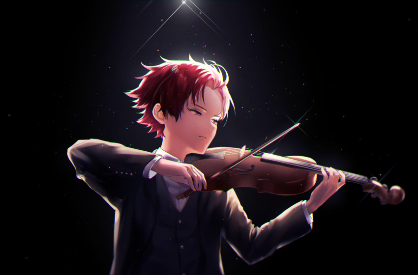 1boy black_background collared_shirt formal_clothes highres instrument light light_rays long_sleeves looking_to_the_side male_focus music nyamnyam0502 paradox_live playing_instrument red_eyes red_hair shirt solo sugasano_allen suit violin