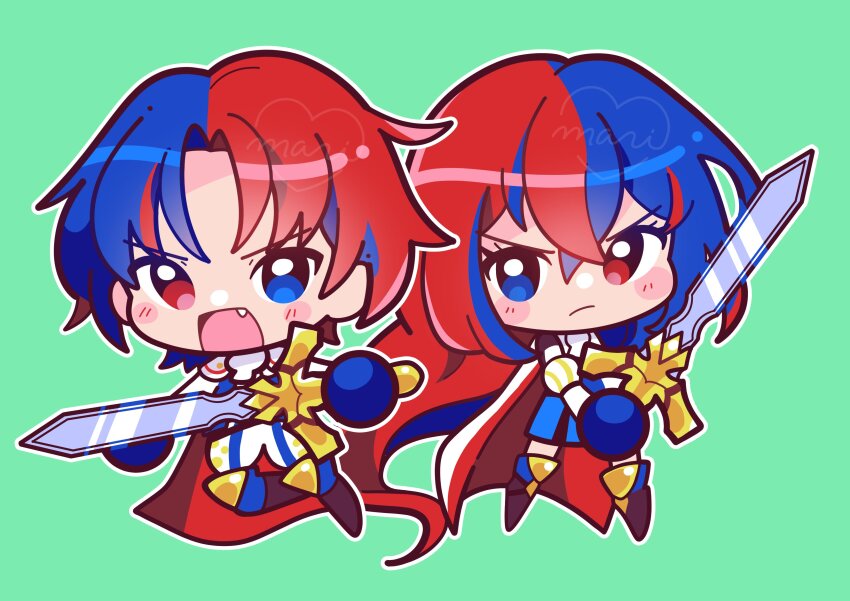 1boy 1girl absurdres alear_(female)_(fire_emblem) alear_(fire_emblem) alear_(male)_(fire_emblem) blue_eyes blue_hair cape chibi chibi_only crossed_bangs dual_persona fang fire_emblem fire_emblem_engage green_background hair_between_eyes heterochromia highres holding holding_sword holding_weapon long_hair long_sleeves looking_at_viewer marikyuunn multicolored_hair nintendo open_mouth red_eyes red_hair short_hair simple_background split-color_hair sword two-tone_hair very_long_hair watermark weapon