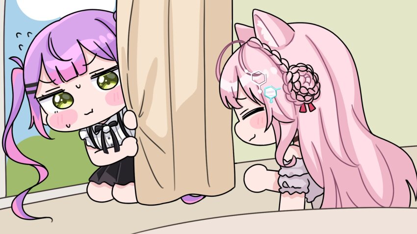 2girls :t ahoge animal_ear_fluff animal_ears black_skirt blue_sky braid chibi closed_mouth cloud collared_shirt commentary_request curtains day dress_shirt green_eyes grey_shirt hair_bun hakui_koyori hiding highres hololive indoors long_hair mochimiko multicolored_hair multiple_girls off-shoulder_shirt off_shoulder pink_hair pleated_skirt pout puffy_short_sleeves puffy_sleeves purple_hair shirt short_sleeves single_side_bun skirt sky sleeveless sleeveless_shirt suspender_skirt suspenders tokoyami_towa twintails two-tone_hair very_long_hair virtual_youtuber wavy_mouth white_shirt window