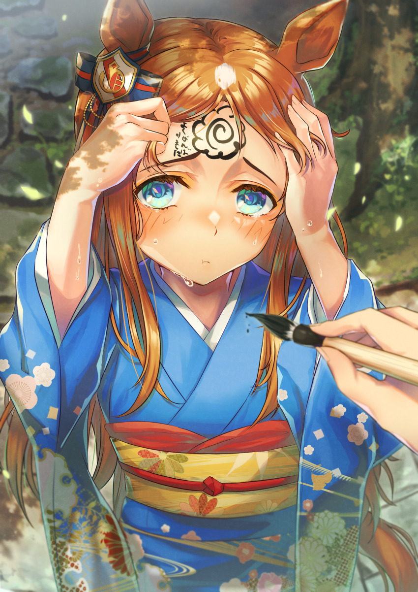 1girl absurdres alternate_costume animal_ears blue_eyes blue_kimono blurry blurry_background blush body_writing bow brown_hair calligraphy_brush commentary_request dappled_sunlight depth_of_field ear_ornament ear_ribbon facepaint facing_viewer forehead furrowed_brow grass_wonder_(umamusume) tucking_hair hanamaru highres holding holding_brush horse_ears horse_tail japanese_clothes kimono long_hair looking_away multicolored_hair obi outdoors paintbrush pov pov_hands sash solo_focus standing straight_hair sunlight sweat tail translation_request umamusume upper_body wari_sando white_hair wide_sleeves yukata
