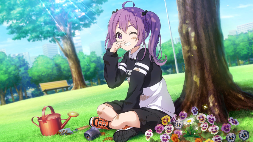 1girl 22/7 22/7_ongaku_no_jikan ahoge bench between_legs black_ribbon black_shorts blurry clenched_teeth daisy depth_of_field fang finger_to_own_nose flower game_cg hair_ornament hair_ribbon hand_between_legs highres indian_style long_sleeves looking_at_viewer non-web_source official_art on_grass one_eye_closed outdoors pansy park park_bench purple_eyes purple_hair ribbon shoes shorts sitting smile sneakers solo sunlight teeth tojo_yuki tree trowel twintails two-tone_shirt watering_can