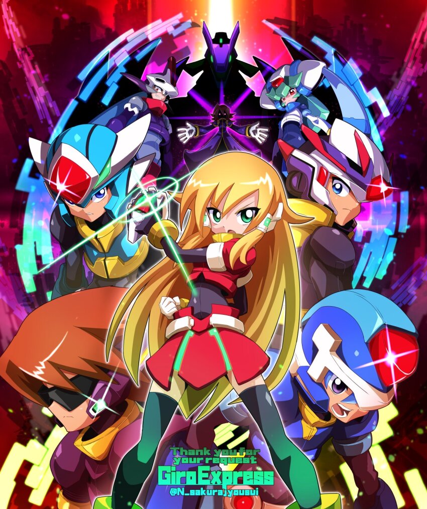 2girls 6+boys blonde_hair blue_eyes blue_hair commission dress elf_(mega_man_zx_prequel) green_eyes helmet highres long_hair mega_man_(series) mega_man_zx model_x_(mega_man) model_z_(mega_man) multiple_boys multiple_girls original pandora_(mega_man) prometheus_(mega_man) sakurajyousui_nami short_hair tagme