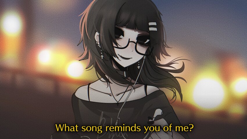1girl absurdres bare_shoulders black_collar black_eyes black_hair black_lips black_nails black_shirt blunt_bangs blurry blurry_background bra_strap closed_mouth clothes_writing collar collarbone commentary cross cross_earrings ear_piercing earphones earrings empty_eyes english_commentary english_text fang film_grain glasses hair_ornament hand_up heavy_film_grain highres holding holding_earphones jewelry looking_at_viewer medium_hair mikuneki no_pupils off-shoulder_shirt off_shoulder original outdoors piercing riyo_kaede_(mikuneki) semi-rimless_eyewear shirt smile solo under-rim_eyewear
