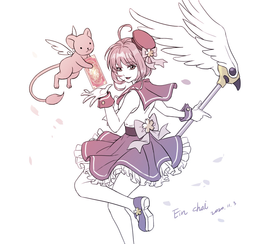 absurdres ahoge ain_choiwet beret brown_hair cardcaptor_sakura commentary hat highres holding holding_wand kero_(cardcaptor_sakura) kinomoto_sakura korean_commentary looking_at_viewer magical_girl medium_hair sleeveless standing standing_on_one_leg wand white_background winged_wand