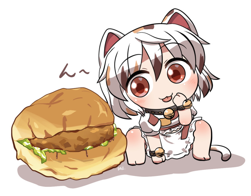 1girl :3 animal_ears barefoot bell blush burger calico cat_ears cat_girl cat_tail closed_mouth commentary_request food full_body goutokuji_mike hand_up jingle_bell knees_up multicolored_hair neck_bell patch rokugou_daisuke shirt short_hair short_sleeves signature simple_background sitting skirt solo streaked_hair tail touhou white_background white_hair white_shirt white_skirt