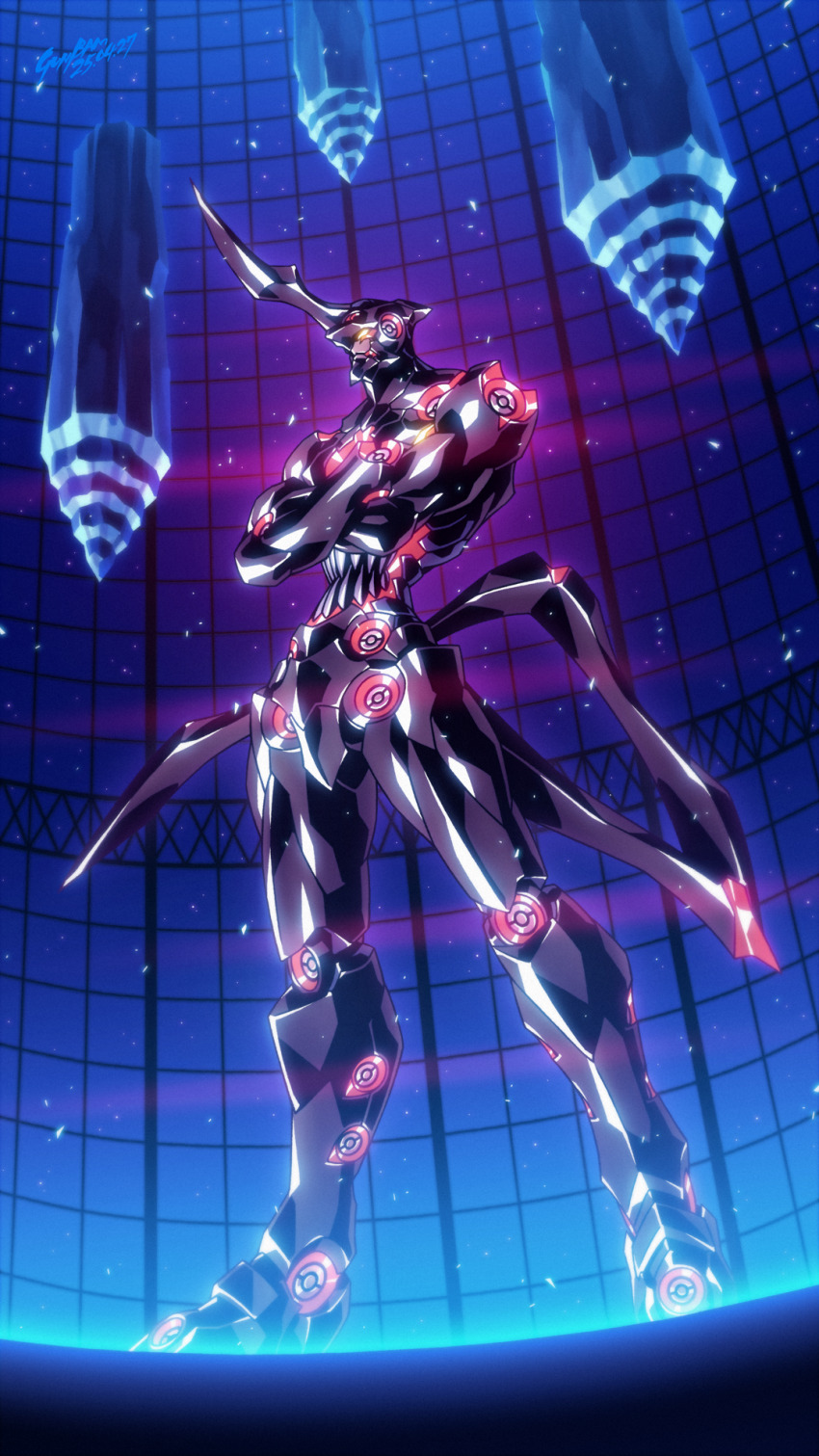 artist_name babamba closed_mouth commentary_request crossed_arms dated from_below full_body glowing glowing_eye highres horns lazengann mecha mecha_focus no_humans robot science_fiction signature single_horn solo standing super_robot tengen_toppa_gurren_lagann yellow_eyes
