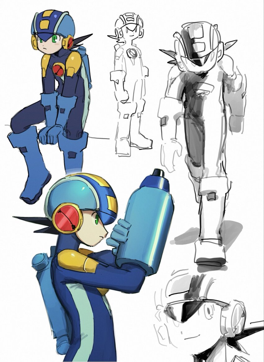 1boy arm_cannon blue_bodysuit blue_helmet bodysuit full_body green_eyes helmet highres male_focus mega_man_(series) mega_man_battle_network_(series) megaman.exe multiple_views noro_zt simple_background upper_body weapon white_background