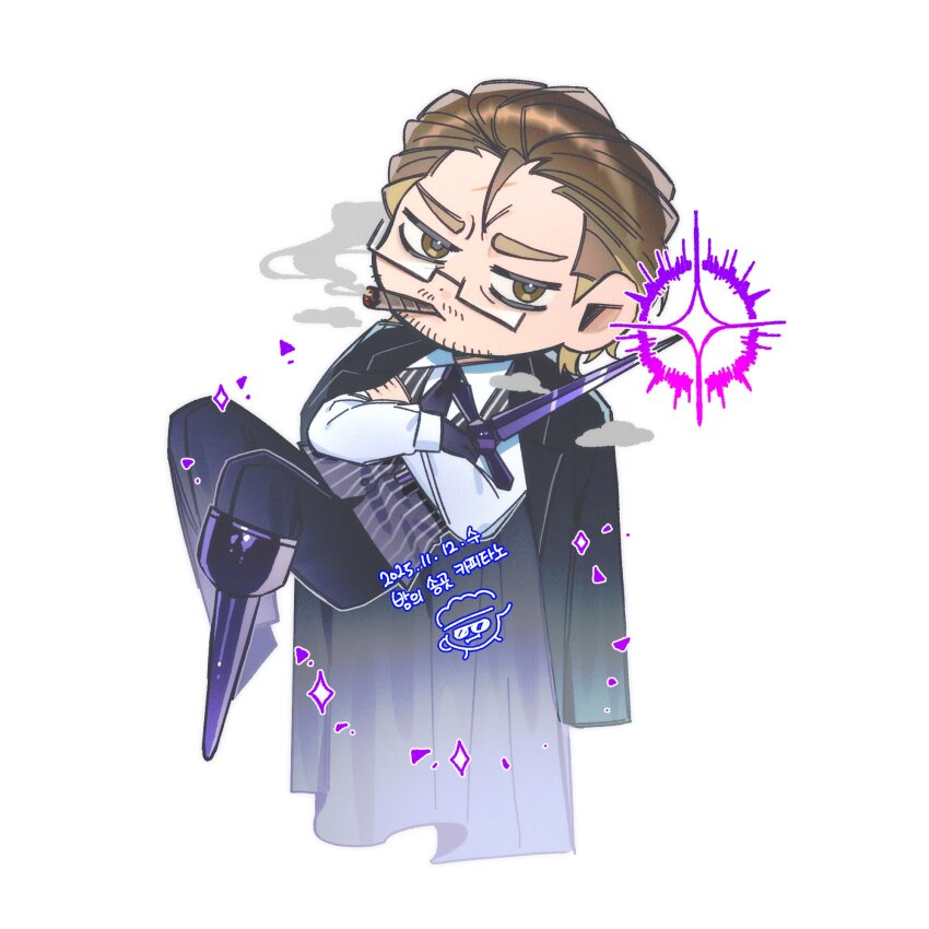 1boy babmug0416 bags_under_eyes black_jacket black_necktie brown_eyes brown_hair chibi chibi_only cigar collared_shirt crossed_arms full_body furrowed_brow gregor_(project_moon) hair_slicked_back highres holding holding_sword holding_weapon jacket jacket_on_shoulders knees_up limbus_company looking_at_viewer male_focus necktie night_awls_(identity)_(project_moon) official_alternate_costume peg_leg project_moon scar scar_on_face shirt sideburns smoke smoke_trail smoking solo striped_clothes striped_vest sword vest weapon white_shirt