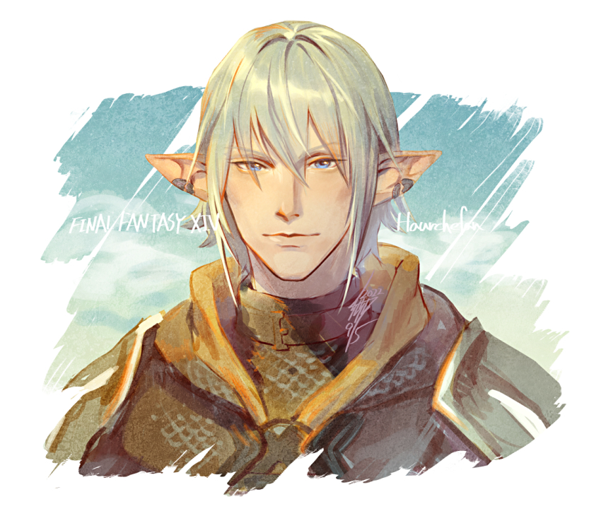 1boy armor blue_eyes blue_hair blue_sky chainmail character_name cloud copyright_name cropped_torso earclip elezen elf eyes_visible_through_hair final_fantasy final_fantasy_xiv hair_between_eyes haurchefant_greystone looking_at_viewer male_focus pointy_ears portrait short_hair sky smile solo tsunetaka_rakurai white_background