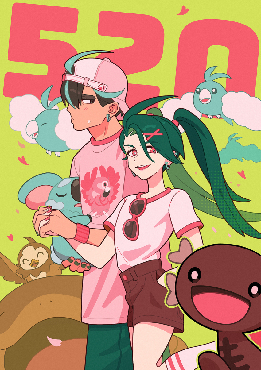 1boy 1girl alternate_hairstyle aqua_hair backwards_hat baseball_cap bird black_eyes black_hair brown_shorts clodsire commentary_request creatures_(company) ear_piercing earrings flamigo flat_chest frown game_freak gen_3_pokemon gen_4_pokemon gen_7_pokemon hair_ornament hat highres holding holding_hands holding_poke_ball interlocked_fingers jewelry komala larry_(pokemon) multicolored_hair nicca_(nicca11y) nintendo paldean_wooper piercing pink_shirt poke_ball pokemon pokemon_(creature) pokemon_sv red_nails rika_(pokemon) shirt shirt_tucked_in short_shorts shorts starly streaked_hair swablu sweatdrop thick_eyebrows twintails two-tone_hair x_hair_ornament