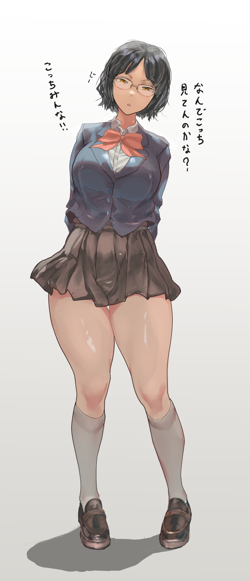 1girl absurdres arms_behind_back black_hair black_jacket blazer bow bowtie breasts brown_shoes brown_skirt collared_shirt commentary_request cookie_(touhou) full_body glasses gradient_background grey_background grey_socks highres jacket kneehighs large_breasts loafers looking_at_viewer miniskirt open_mouth orange_bow orange_bowtie pleated_skirt poopdick rimless_eyewear school_uniform shirt shoes short_hair skirt socks solo standing translated uzuki_(cookie) white_shirt yellow_eyes