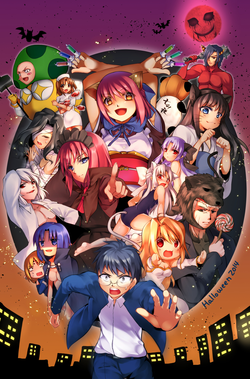 :3 absurdres animal_costume animal_ears archetype_earth arcueid_brunestud bad_id bad_pixiv_id bandages bat_(animal) blood blood_bag blush brainwasher_detective candy cape cat_ears cat_tail ciel_(tsukihime) colored_skin cosplay dress elesia facial_mark fleeing food glasses halloween halloween_costume hammer hat highres hisui_(tsukihime) horns inui_arihiko japanese_clothes kimono kohaku_(tsukihime) len_(tsukihime) lollipop maid melty_blood michael_roa_valdamjong michael_roa_valdamjong_(cosplay) moon multiple_boys multiple_girls mushroom nanako nanako_(tsukihime) nanaya_shiki nasu_kinoko nekomata nrvnqsr_chaos nurse nurse_cap obi oni oni_horns open_clothes open_shirt panda pointing pointing_at_viewer pumpkin red_moon red_skin roa-ciel running sash school_swimsuit school_uniform shirt siblings sisters skyline swimsuit syringe tail tetsubo tohno_akiha tohno_shiki tohno_shiki_(2) tsukihime twins type-moon wa_maid wallachia whisker_markings white_len_(tsukihime) wolf wolf_costume yasuo_(torinikukani) yumizuka_satsuki