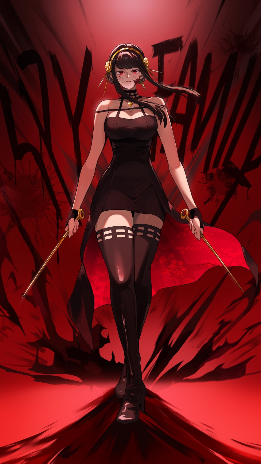 1girl absurdres bare_shoulders black_boots black_dress black_hair blood blood_on_face boots breasts cleavage closed_mouth copyright_name crossed_legs dagger dress earrings full_body gold_earrings gold_hairband hairband highres holding holding_weapon jewelry knife long_hair looking_at_viewer pingfan_de_mao red_background red_eyes short_dress sidelocks sleeveless sleeveless_dress solo spy_x_family stiletto_(weapon) thigh_boots two-sided_dress two-sided_fabric weapon yor_briar