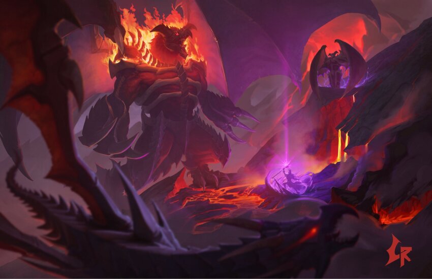 1boy black_scales black_skull_dragon burning casting_spell chipyray claws dark_magician demon demon_horns dragon dragon_tail dragon_wings duel_monster electricity flying glowing glowing_eyes highres holding holding_wand horns lava monster open_mouth red-eyes_black_dragon red_eyes sharp_teeth spikes spread_wings summoned_skull tail teeth volcano wand watermark wings yu-gi-oh!