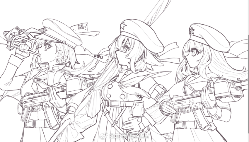 3girls anshan_(warship_girls_r) armband assault_rifle belt beret braid changchun_(warship_girls_r) gloves greyscale gun hair_flaps hat hat_ornament holding holding_gun holding_weapon jinan_(warship_girls_r) lineart long_hair long_sleeves monochrome multiple_girls peaked_cap rifle sailor_collar short_hair skirt star_(symbol) star_hat_ornament warship_girls_r watermark weapon weibo_username weibo_watermark z.s.w.