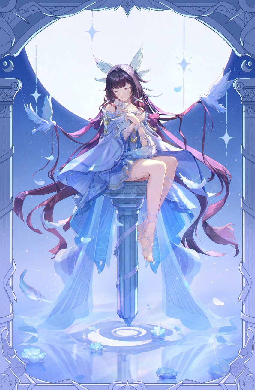 1girl absurdres bare_shoulders barefoot bird black_hair bow bowtie closed_eyes closed_mouth columbina_(genshin_impact) column commentary crossed_wrists dress english_commentary eye_mask facing_viewer feathered_wings feet full_body genshin_impact gradient_hair hair_ribbon head_wings highres light_smile long_hair manyu_chapaofan mask moon multicolored_hair multiple_wings pillar pink_hair ribbon sitting solo very_long_hair white_bird white_bow white_bowtie white_dress white_mask wings