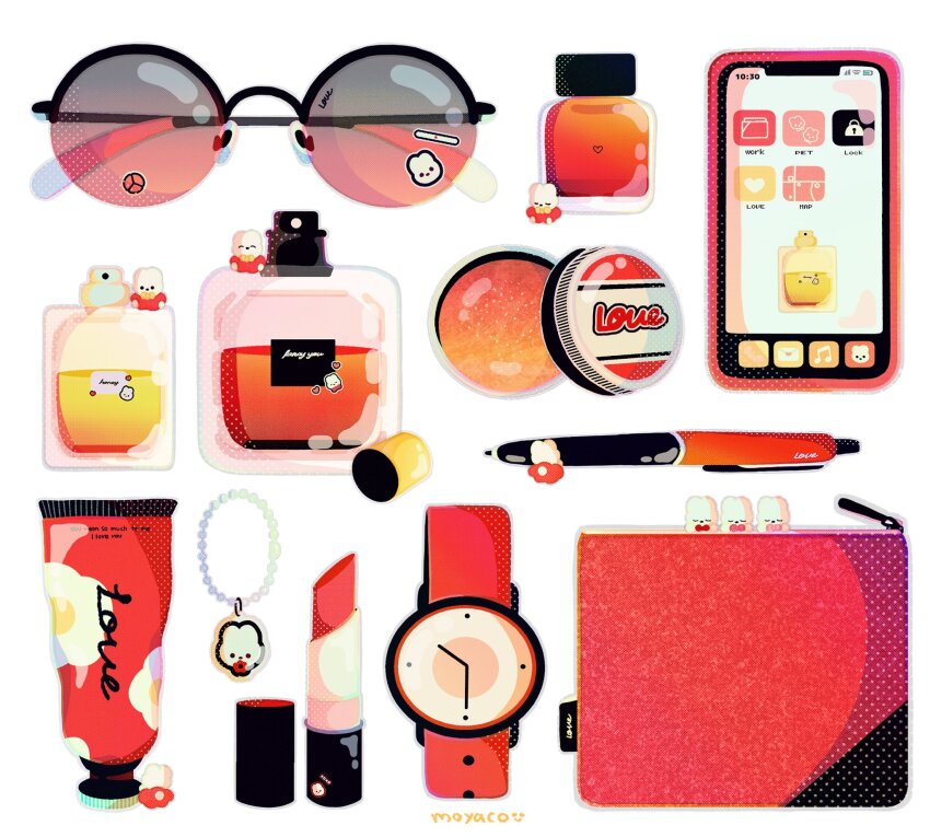 artist_name bottle cellphone cellphone_charm charm_(object) commentary cosmetics creature highres lipstick_tube moyaco no_humans original pen perfume_(cosmetics) perfume_bottle phone red_theme signature simple_background smartphone solid_circle_eyes solid_eyes squeeze_tube sunglasses symbol-only_commentary wallet watch white_background wristwatch