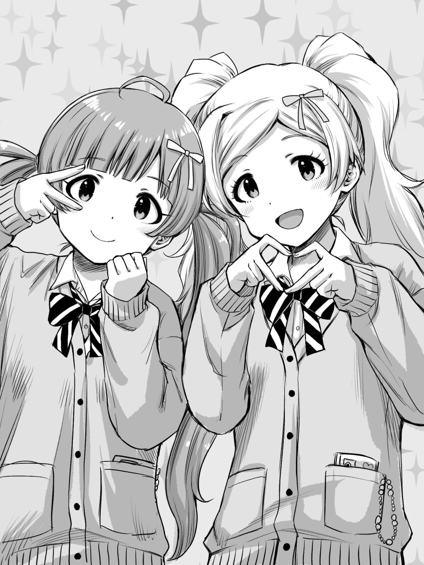 2girls ahoge blunt_bangs blush bow bowtie buttons closed_mouth collared_shirt dot_nose emily_stewart eyelashes fluffy greyscale gyaru hair_ribbon hakozaki_serika heart heart_hands highres idolmaster idolmaster_million_live! idolmaster_million_live!_theater_days long_hair long_sleeves looking_at_viewer matcha_kingyo monochrome multiple_girls open_mouth parted_bangs pocket ribbon shirt sidelocks smile sparkle striped_bow striped_bowtie striped_clothes sweater twintails upper_body v very_long_hair wavy_hair