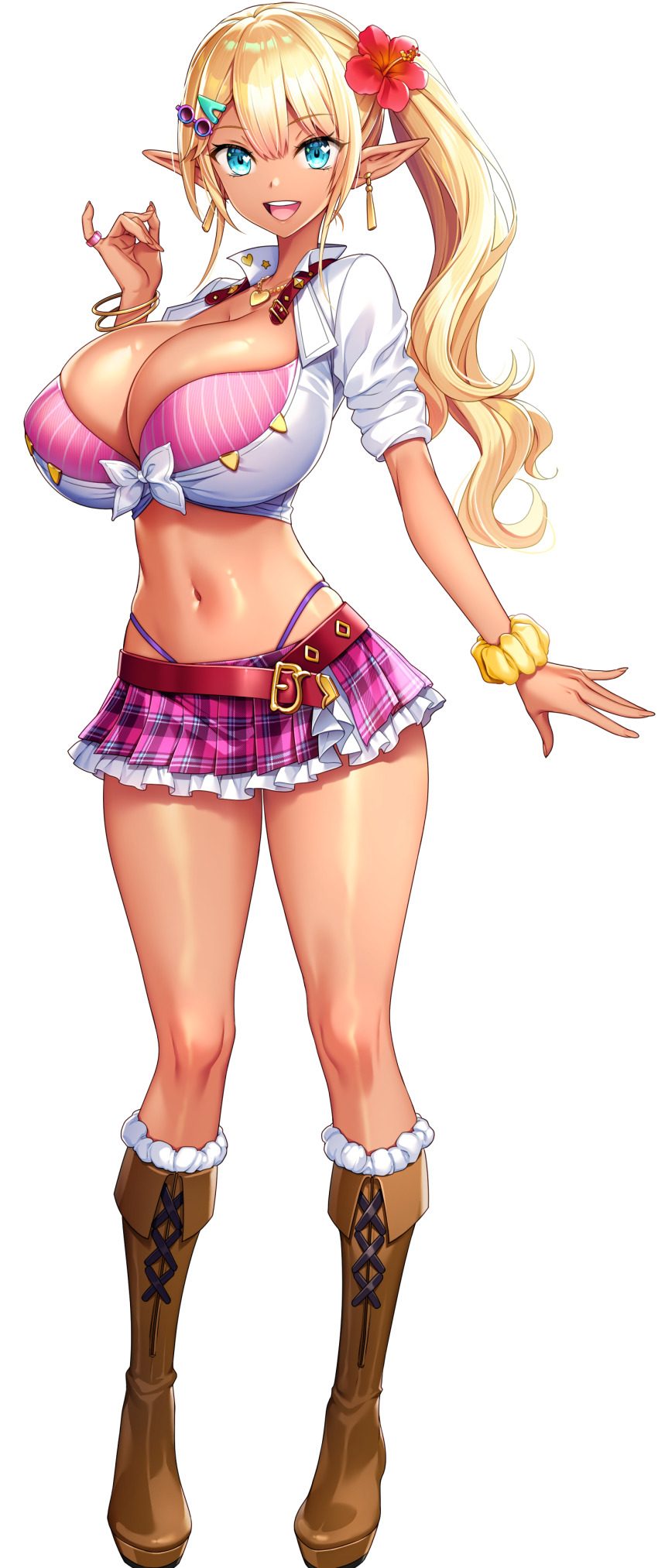 1girl absurdres akagi_rio ankle_boots belt blonde_hair blue_eyes boots bra bra_visible_through_clothes bracelet breasts brown_boots cleavage dark-skinned_female dark_elf dark_skin detached_collar elf flower full_body fur-trimmed_boots fur_trim game_cg gyaru hair_flower hair_ornament hairclip heart heart_necklace highres huge_breasts jewelry long_hair long_pointy_ears long_sleeves looking_at_viewer milk_factory motto!_haramase!_honoo_no_oppai_isekai_oppai_maid_gakuen! multiple_bracelets myunmyun_lafleur navel necklace non-web_source official_art open_mouth pink_bra pink_skirt pinky_ring plaid_clothes plaid_skirt pointy_ears red_belt red_flower scrunchie shirt side_ponytail sidelocks skirt sleeves_rolled_up smile solo sprite standing tachi-e tan thong tied_shirt transparent_background underwear white_shirt wrist_scrunchie yellow_scrunchie