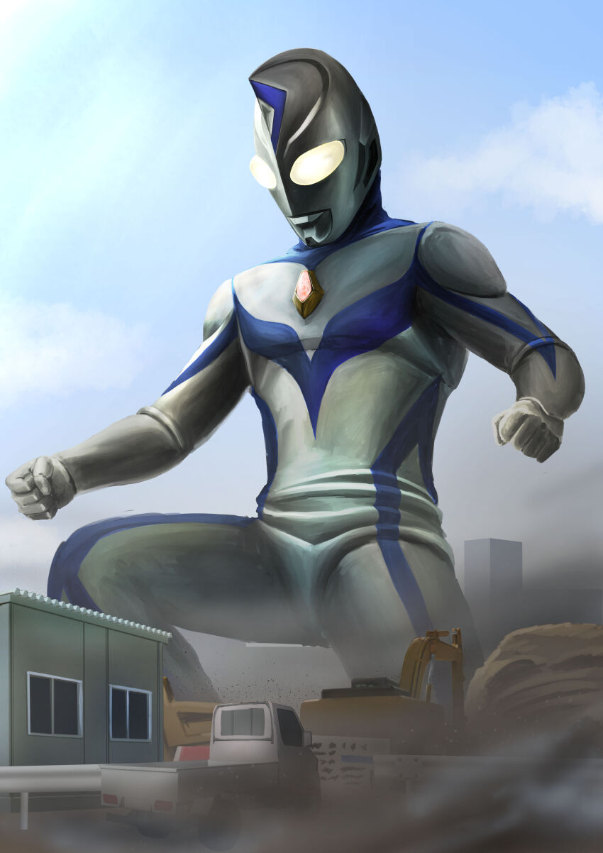 1boy absurdres alien blue_skin blue_sky boulder building clenched_hands cloud cloudy_sky color_timer colored_skin commentary compound_eyes construction_site crystal day debris dorsal_fin dust_cloud excavator forehead_jewel gattyo gem giant glowing glowing_eyes guard_rail highres kneeling looking_down male_focus motor_vehicle multicolored_skin on_one_knee outdoors pectorals pickup_truck silver_skin sky tokusatsu truck ultra_series ultraman_dyna ultraman_dyna_(miracle_type) ultraman_dyna_(series) white_eyes wrinkled_skin