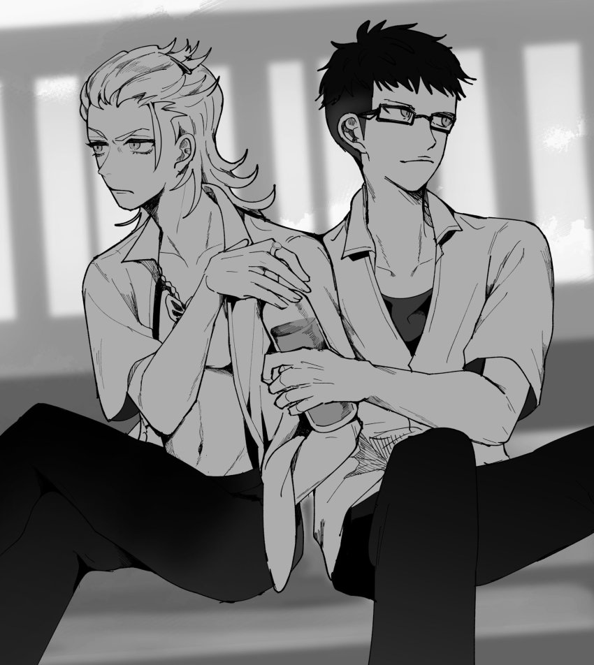 2boys abs black_pants butterfly_necklace closed_mouth collared_shirt eyelashes glasses hand_in_pocket highres hishima_(ntwewy) male_focus medium_hair multiple_boys open_clothes open_shirt pants rectangular_eyewear shiba_(ntwewy) shin_subarashiki_kono_sekai shirt short_hair sitting subarashiki_kono_sekai undercut undershirt