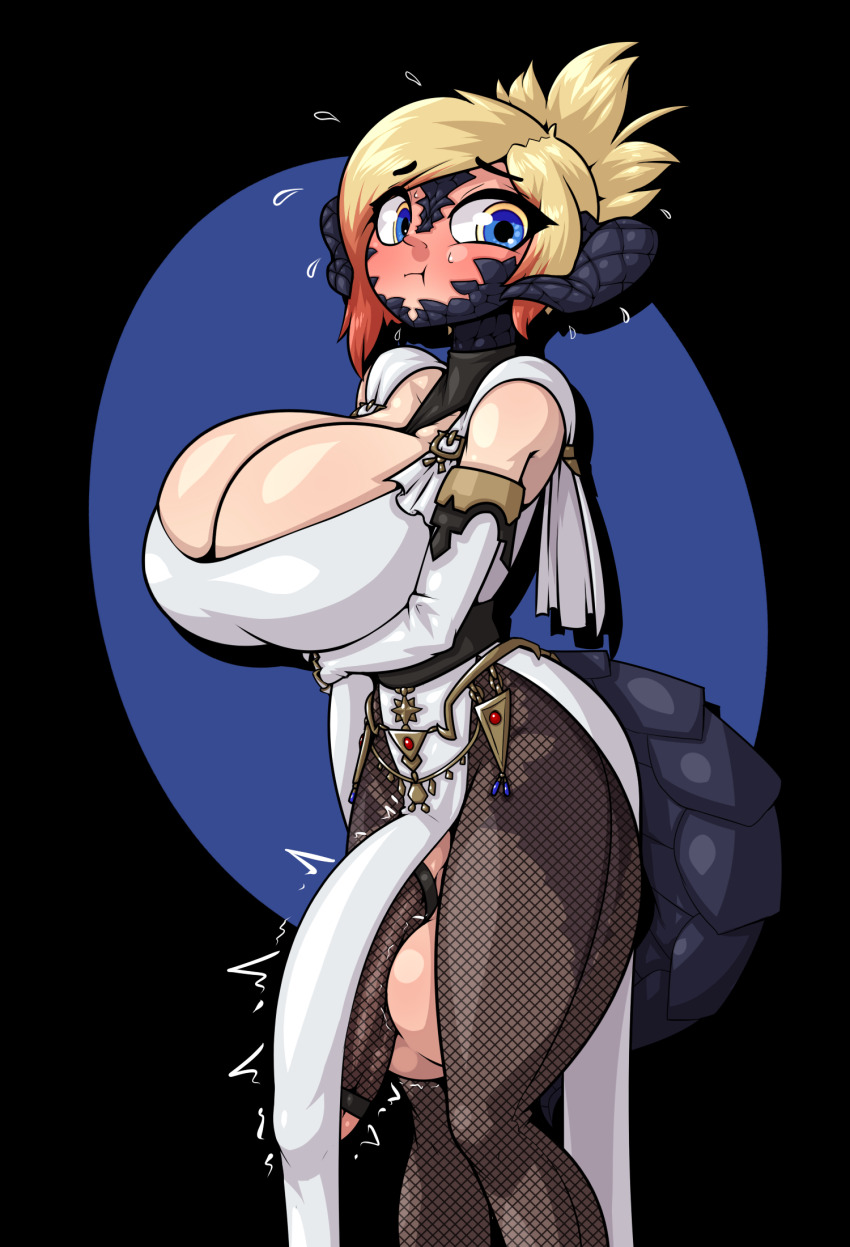 1futa au_ra blonde_hair blush breast_lift breasts bulge bursting_breasts cleavage erection erection_under_clothes final_fantasy final_fantasy_xiv fishnets futanari highres horns huge_breasts huge_penis huge_testicles large_penis large_testicles limebreaker pelvic_curtain penis penis_garter solo testicles thighhighs veins veiny_penis xaela