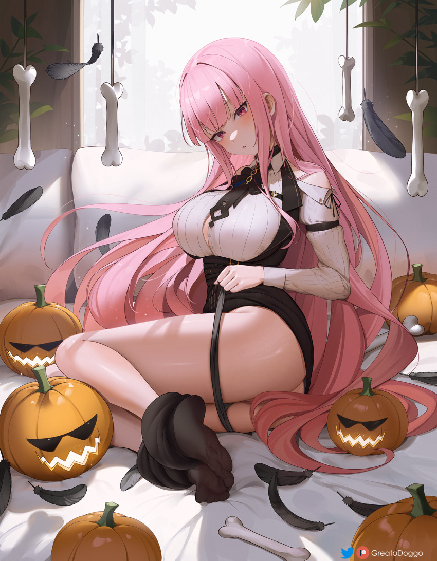 1girl alternate_costume arm_strap artist_name ass bed_sheet black_bow black_bowtie black_feathers black_jacket black_necktie black_panties black_pantyhose blush bone bow bowtie breasts button_gap chest_belt cleft_of_venus clothing_aside clothing_cutout collared_shirt commentary cosplay english_commentary feathers feet greatodoggo hair_over_shoulder hair_spread_out halloween head_tilt highres hololive hololive_english indoors jacket large_breasts legs lips long_hair long_sleeves looking_at_viewer lying mori_calliope necktie nerissa_ravencroft nerissa_ravencroft_(1st_costume) nerissa_ravencroft_(cosplay) no_shoes on_side panties panties_aside panty_pull pantyhose pantyhose_around_legs patreon_logo patreon_username pink_eyes pink_hair plant pulling_own_clothes pumpkin pussy pussy_peek ribbed_shirt shirt shoulder_cutout sitting solo straight_hair thighs toes twitter_logo twitter_username underbust underwear very_long_hair vest virtual_youtuber waistcoat white_shirt