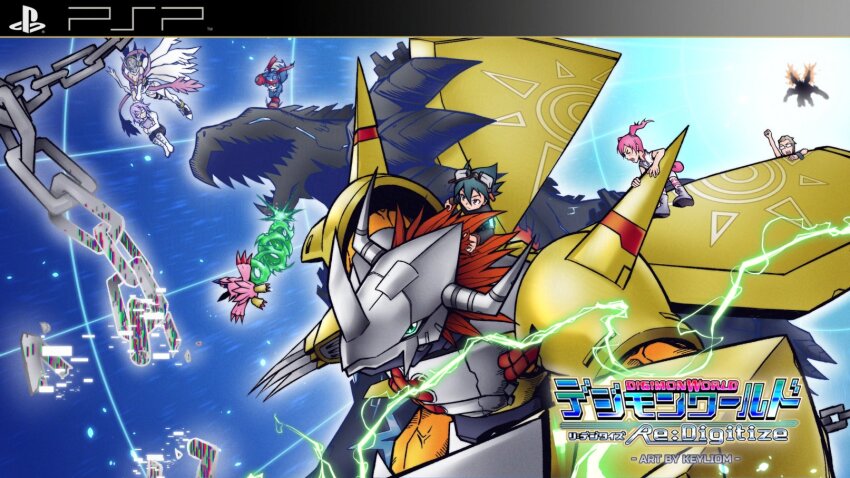 3girls angel angewomon armor bird black_hair blackwargreymon blackwargreymon_x-antibody chain copyright_name digimon digimon_(creature) digimon_world_re:digitize dog dragon electricity gaomon goggles goggles_on_head green_eyes highres keyliom mikagura_mirei multiple_girls nikolai_petrov piyomon punching red_hair rindou_akiho short_hair taiga_(digimon) vitium vitium_(adult) wargreymon yellow_armor