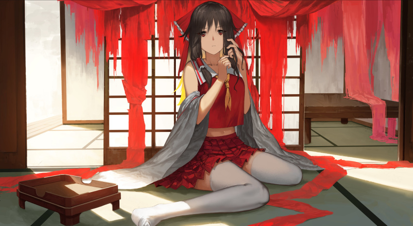 1girl bow brown_hair closed_mouth collarbone commentary danzir detached_sleeves frilled_bow frilled_hair_tubes frills full_body hair_bow hair_tubes hakurei_reimu hands_up highres indoors light_frown long_hair looking_at_viewer midriff neckerchief on_ground red_bow red_eyes red_skirt red_vest sidelocks sitting skirt skirt_set sliding_doors solo thighhighs touhou tying_hair vest wariza white_sleeves white_thighhighs wide_sleeves yellow_neckerchief
