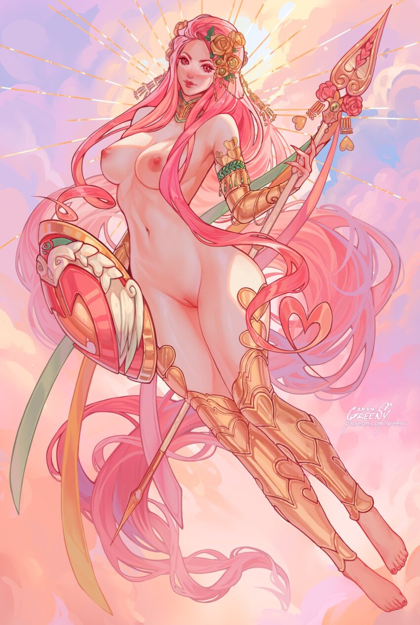 1girl aphrodite_(hades) artistic_nudity barefoot breasts functionally_nude greenu hades_(series) highres holding holding_polearm holding_shield holding_spear holding_weapon long_hair medium_breasts navel pink_eyes pink_hair polearm shield spear tagme very_long_hair weapon