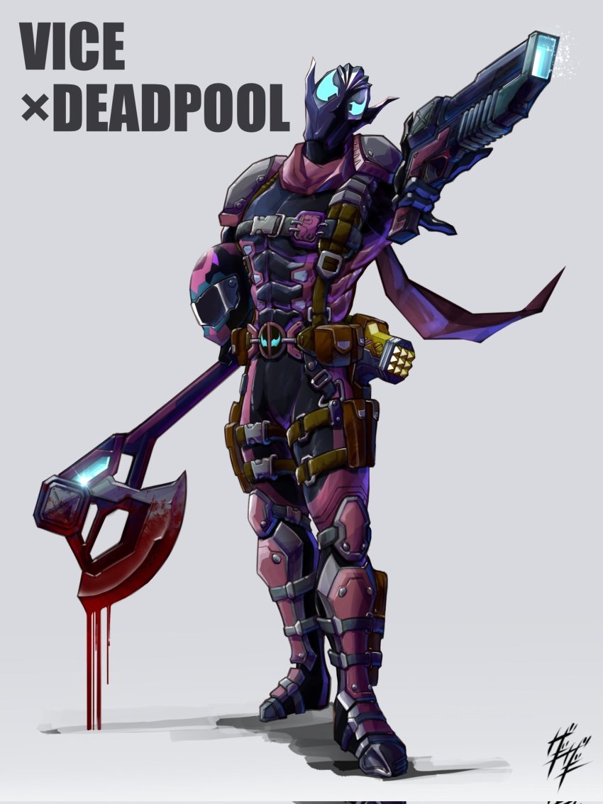 1boy adapted_costume armor axe belt_buckle blood bloody_weapon buckle commentary_request cowboy_shot crossover deadpool deadpool_(series) demon_boy dripping full_body fusion gun hair_slicked_back hammer handgun helmet highres holster holstered kamen_rider kamen_rider_revice kamen_rider_vice mallet marvel pink_armor pink_scarf pistol pointy_ears scarf shoulder_armor tyrannosaurus_rex vice_(kamen_rider_revice) weapon white_hair zagizagi