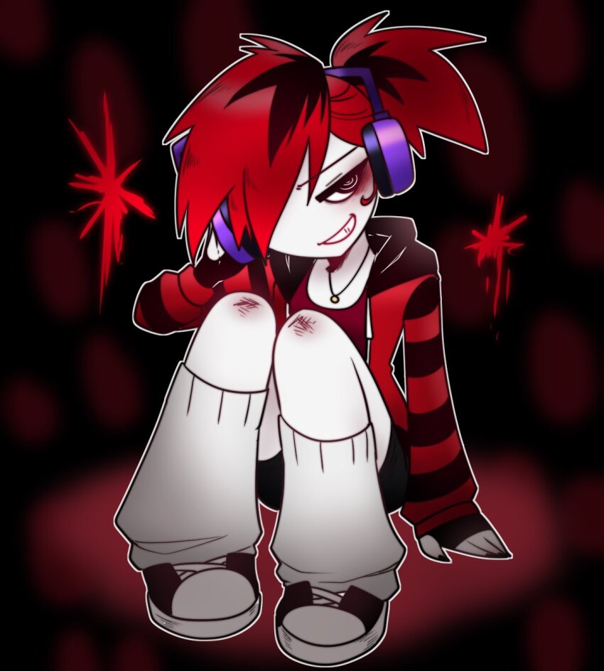 1girl 2000s_(style) cry_(crydiaa) crydiaa_(artist) headphones highres hood hoodie indie_virtual_youtuber jewelry kneehighs necklace red_hair red_hoodie scene_cry scratches socks striped_clothes striped_sleeves