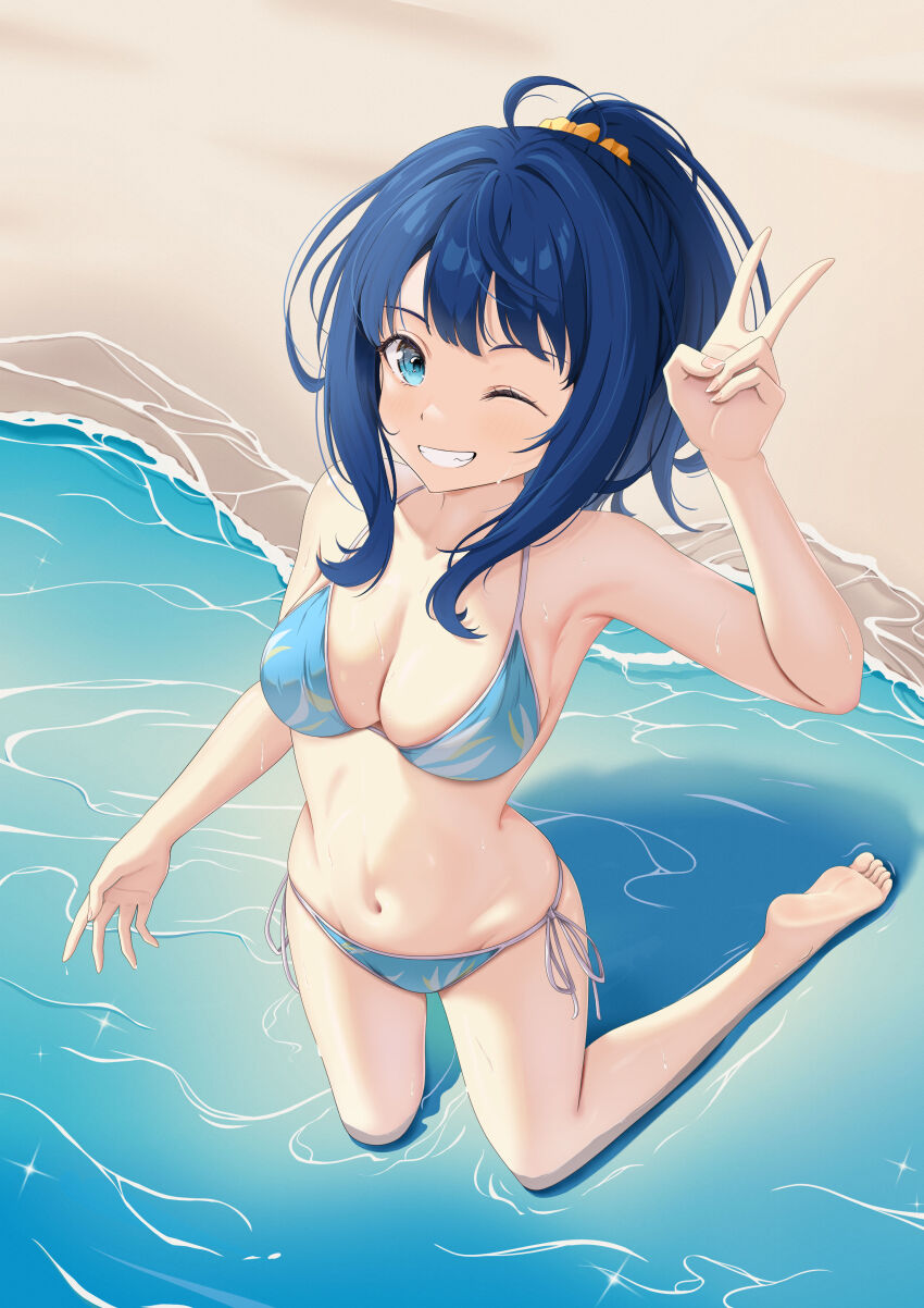 1girl ;d absurdres ahoge arm_up armpits barefoot beach bikini blue_bikini blue_eyes blue_hair breasts cleavage commentary feet grin highres kneeling make_heroine_ga_oo_sugiru! medium_breasts navel ocean one_eye_closed open_mouth ponytail sand scrunchie side-tie_bikini_bottom sidelocks simple_background smile solo swimsuit teeth toramaru_orange v water yanami_anna