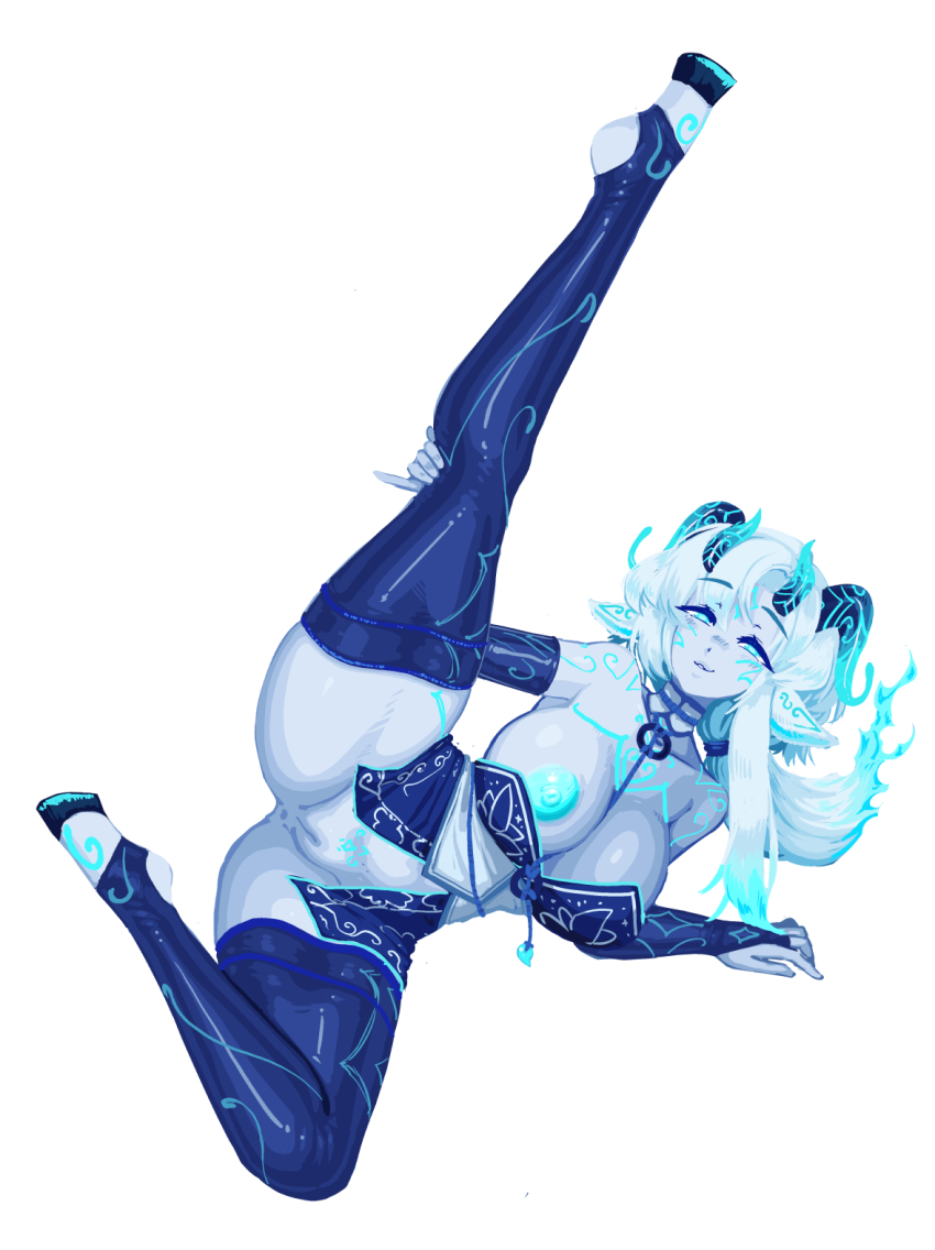 1girl animal_ears anus barbariank blue_eyes blue_fire blue_nipples blue_skin blue_thighhighs breasts bridal_gauntlets chest_tattoo cleft_of_venus colored_nipples colored_skin commentary elbow_gloves english_commentary eyes_visible_through_hair fiery_hair fire full_body gloves hand_on_own_leg highres hooves horns large_breasts leg_up looking_at_viewer low_ponytail lying monster_girl multiple_horns nipples o-ring on_side original pinky_out ponytail pubic_tattoo pussy simple_background solo stirrup_legwear tattoo thighhighs toeless_legwear white_background white_hair