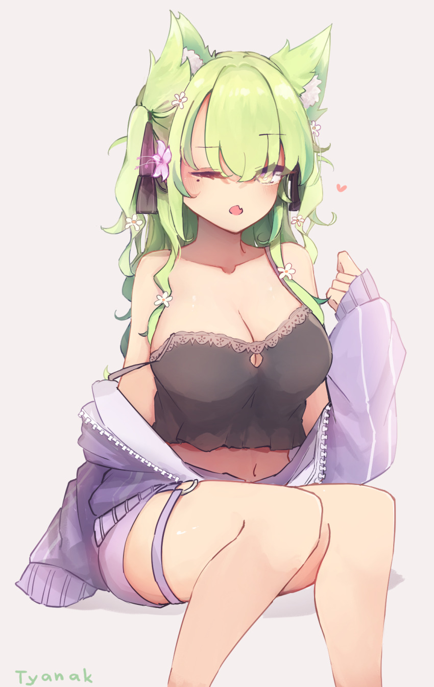 1girl animal_ears baggy_clothes black_camisole breasts camisole ceres_fauna commentary english_commentary fang flower garter_straps glasses green_hair hair_flower hair_ornament heart highres hololive invisible_chair jacket large_breasts long_hair looking_at_viewer off_shoulder one_eye_closed purple_garter_straps purple_jacket raised_eyebrow simple_background single_garter_strap single_off_shoulder sitting skin_fang solo spaghetti_strap ty4nak virtual_youtuber white_background yellow_eyes zipper