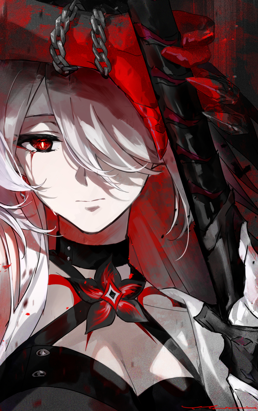 1girl absurdres acheron_(honkai:_star_rail) arm_up black_choker black_gloves blood bloody_tears body_markings breasts chain choker cleavage coat commentary_request detached_sleeves flower gloves hair_over_one_eye highres holding holding_sword holding_weapon honkai:_star_rail honkai_(series) long_hair red_eyes red_flower single_bare_shoulder solo sword weapon white_coat white_hair yama_ta_yomogi