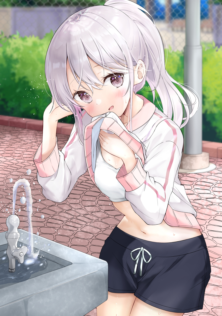 1girl absurdres black_shorts breasts clothes_lift drawstring drinking_fountain hamaken._(novelize) highres jacket jacket_lift long_hair long_sleeves looking_at_viewer navel open_mouth original outdoors ponytail purple_eyes shirt short_shorts shorts small_breasts solo sports_bra track_jacket white_hair white_jacket white_shirt white_sports_bra