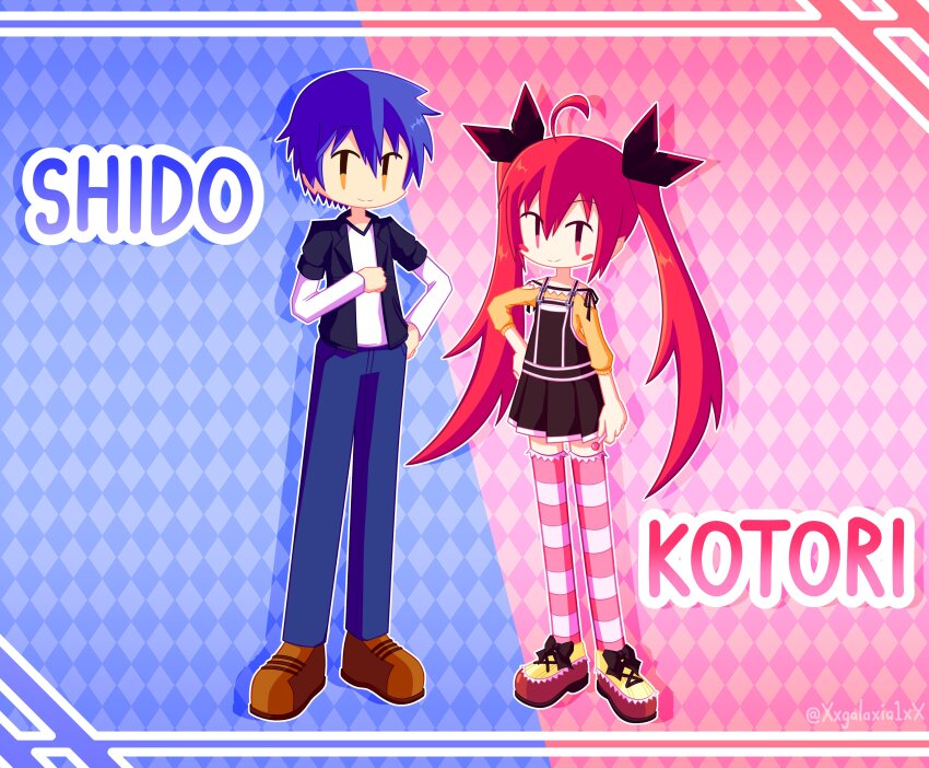 1boy 1girl absurdres ahoge blue_hair blue_pants brown_eyes brown_shoes character_name date_a_live galaxia_(xxgalaxia1xx) hair_ribbon highres itsuka_kotori itsuka_shidou long_hair long_sleeves looking_at_viewer pants red_eyes red_hair ribbon shirt shoes short_hair smile striped_clothes striped_thighhighs suspenders thighhighs twintails white_shirt