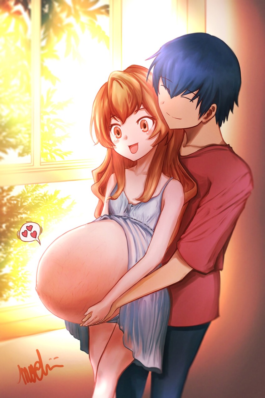 1boy 1girl aisaka_taiga artist_name babydoll big_belly black_hair brown_eyes brown_hair closed_eyes couple flat_chest hand_on_another&#039;s_stomach hand_on_own_stomach heart hetero highres hug hug_from_behind long_hair mochii89 navel nightgown open_mouth pants pregnant red_shirt shirt short_hair signature speech_bubble spoken_heart stomach t-shirt takasu_ryuuji toradora! tree white_babydoll white_nightgown window
