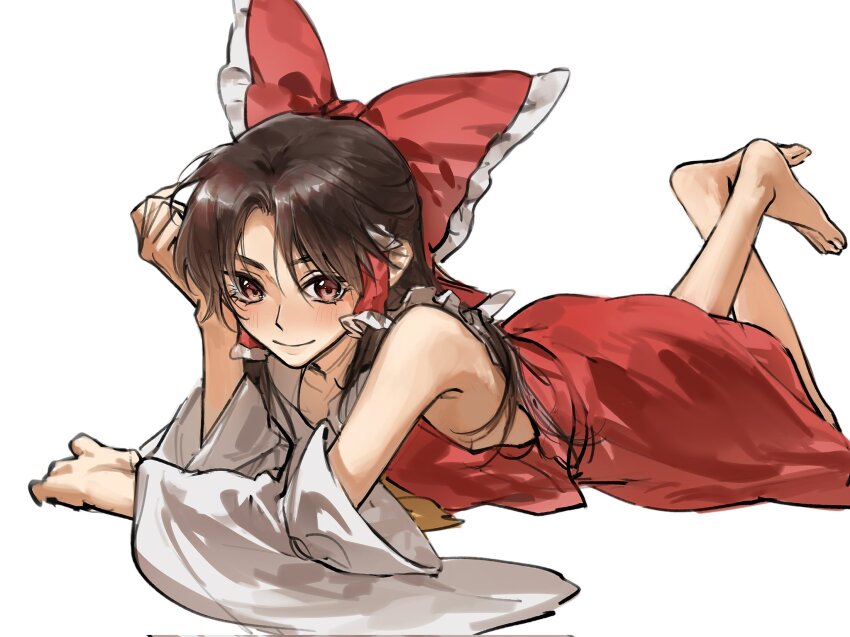 1girl aihara-rina bare_shoulders barefoot blush bow brown_hair detached_sleeves full_body hair_tubes hakurei_reimu head_rest highres long_hair looking_at_viewer lying neckerchief on_stomach red_bow red_eyes red_skirt skirt smile solo touhou white_background yellow_neckerchief