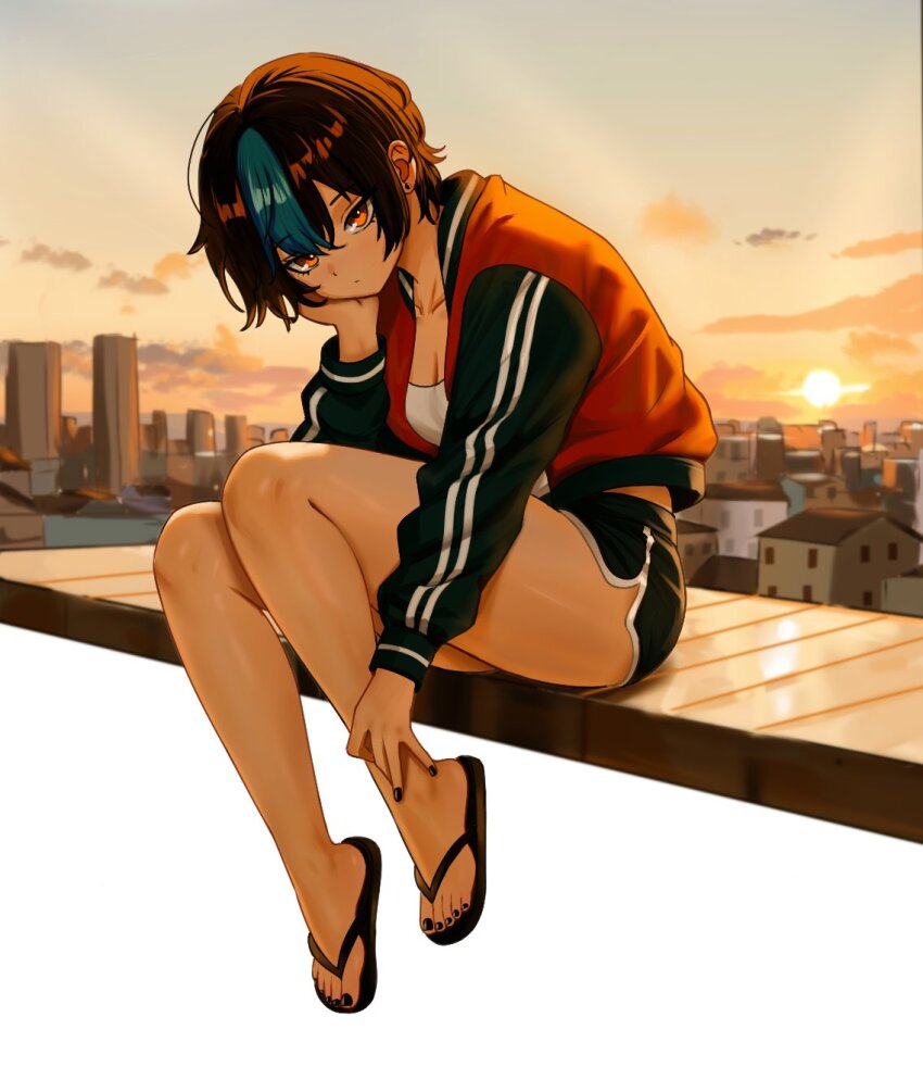 1girl bare_legs black_hair black_nails black_shorts blue_hair blurry blurry_background blush breasts brown_eyes closed_mouth collarbone dolphin_shorts earrings feet flip-flops full_body gradient_sky hair_between_eyes highres jacket jewelry knees_together_feet_apart legs long_sleeves looking_at_viewer medium_breasts multicolored_hair nail_polish nihu open_clothes open_jacket original outdoors sandals short_hair short_shorts shorts sitting sky solo streaked_hair stud_earrings sunset toenail_polish toenails toes