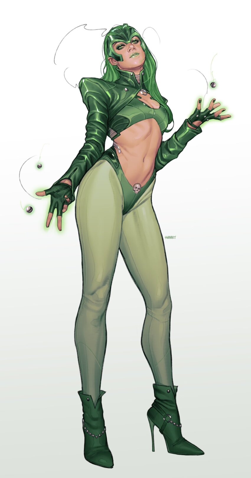 1girl alternate_costume artist_name boots bra cropped_jacket eyeshadow fingerless_gloves full_body gloves green_boots green_bra green_eyes green_eyeshadow green_gloves green_hair green_jacket green_lips green_panties green_pantyhose high_heel_boots high_heels highres jacket jswayart long_hair makeup marvel navel panties pantyhose polaris_(x-men) simple_background solo underwear white_background x-men