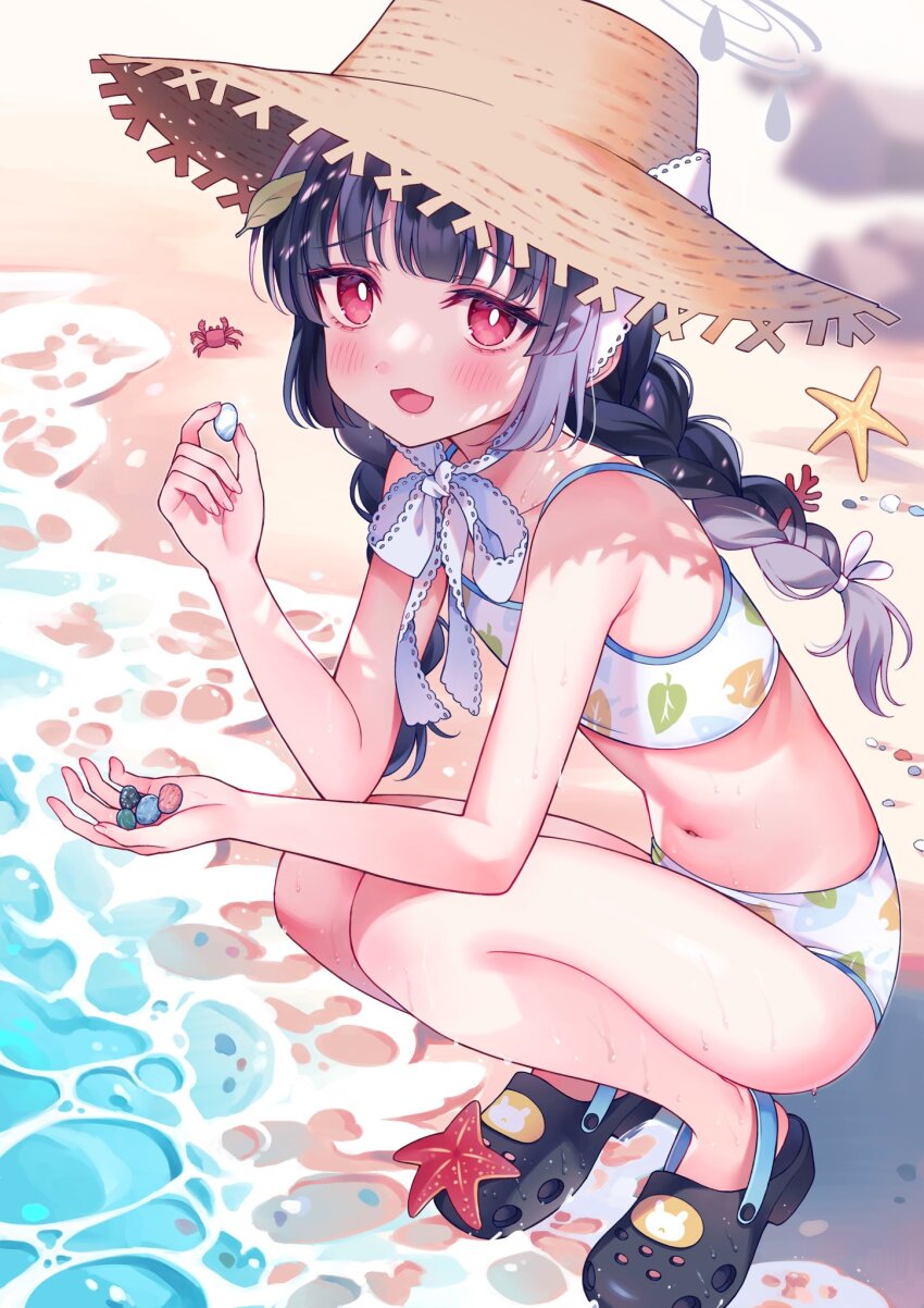 1girl bare_arms bare_shoulders beach bikini black_hair blue_archive blush braid byebaby commentary flat_chest full_body gravel hat highres holding long_hair looking_at_viewer miyu_(blue_archive) navel ocean open_mouth red_eyes shoes single_braid solo squatting stomach straw_hat swimsuit water white_bikini