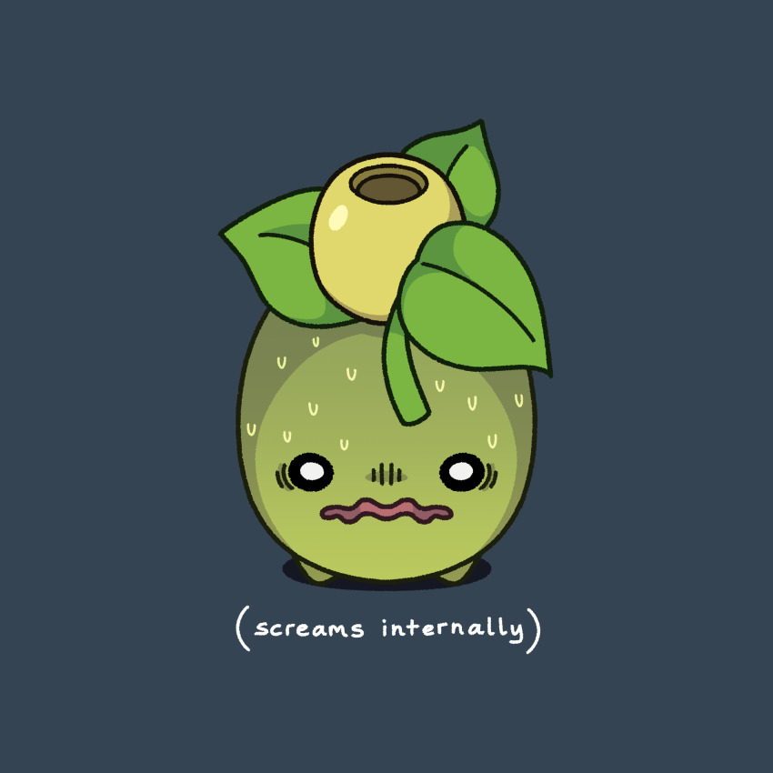 blue_background bright_pupils cryptidhermit english_text full_body highres nervous nervous_sweating nintendo no_humans open_mouth pokemon pokemon_(creature) scared smoliv solo standing sweat wavy_mouth white_pupils
