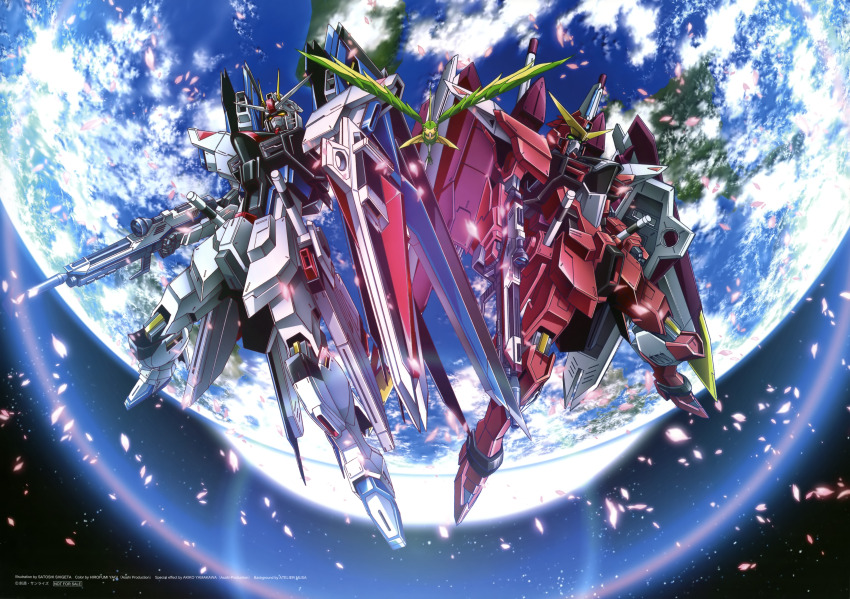 absurdres beam_rifle energy_sword birdy_(gundam) earth_(planet) energy_gun freedom_gundam gun gundam gundam_perfect_file gundam_seed highres holding holding_shield holding_weapon humanoid_robot justice_gundam mecha mobile_suit no_humans official_art planet rifle robot robot_animal robot_bird shield shigeta_satoshi v-fin weapon