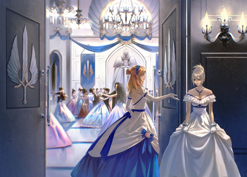 6+boys 6+girls arm_behind_back arms_at_sides ballroom banner bare_shoulders beckoning black_hair blue_bow blue_eyes blue_ribbon blurry bow braid breasts chandelier cleavage clothes_grab commentary crowd dancing depth_of_field dress elbow_gloves english_commentary faceless faceless_female faceless_male frilled_dress frills gloves gown grey_hair hair_between_eyes hair_bun hairband half_updo highres houraisan_chouko indoors jewelry lamp league_of_legends long_hair looking_at_another lux_(league_of_legends) medium_hair motion_blur multiple_boys multiple_girls necklace nervous off-shoulder_dress off_shoulder open_door open_mouth outstretched_arm pendant ponytail ribbon riven_(league_of_legends) sash short_hair sidelocks single_hair_bun smile standing statue strapless strapless_dress sweatdrop sword weapon white_bow white_dress white_gloves winged_sword yellow_eyes